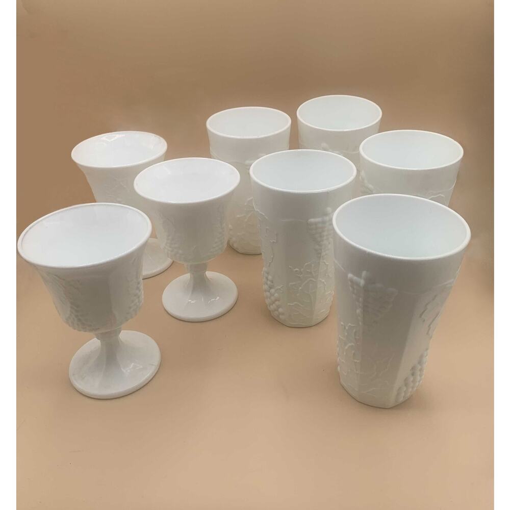 Vintage Sets of Paneled Grape and Leaves Pattern Milk Glass Goblets and Glasses